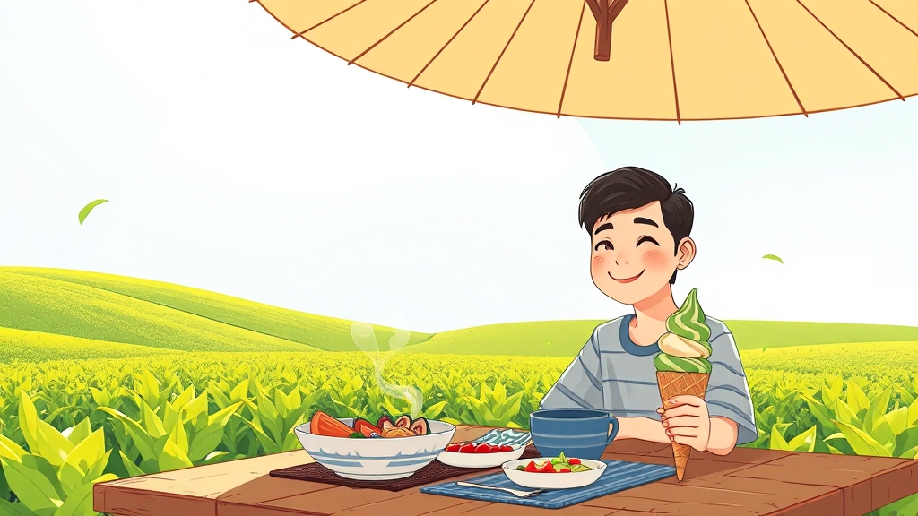 보성 특산품 & 맛집 탐방: 꼬막정식 & 녹차 아이스크림 (cartoon 스타일)
