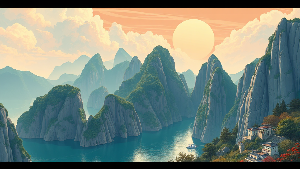 웅장한 자연의 경이로움, 선돌의 절경 감상 (illustration 스타일)