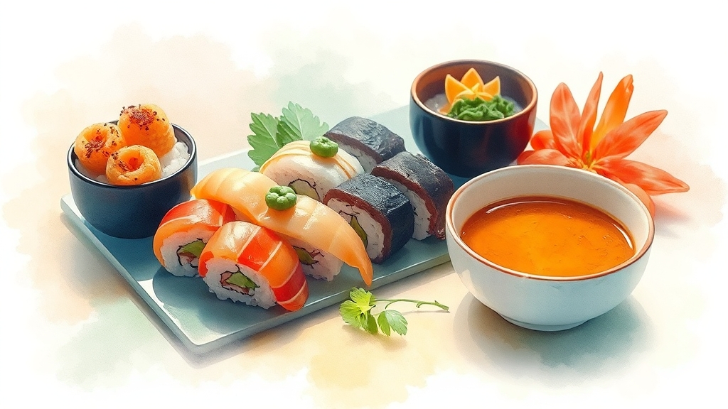 스시 맛집 메뉴 구성 및 종류 (watercolor 스타일)