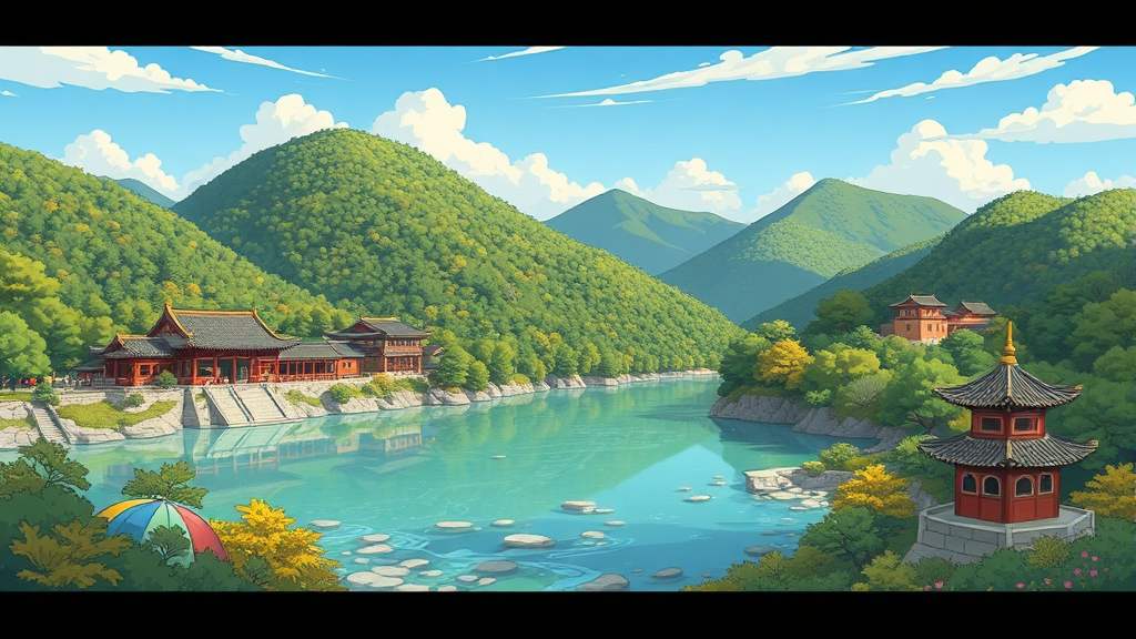 구문소 주변의 아름다운 자연과 역사 (cartoon 스타일)