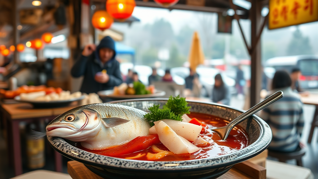 먹거리 장터 및 송어 요리 (realistic 스타일)