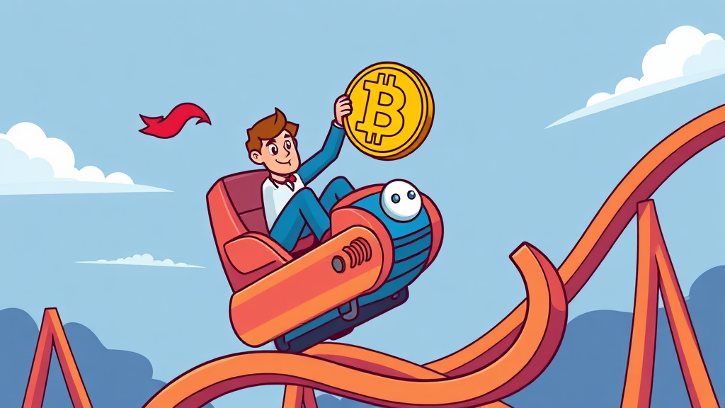 비트코인 투자 심리 분석: 하락 원인, 기관 움직임, 미래 전망 6 시장 변동성 속 투자 전략 (cartoon 스타일)