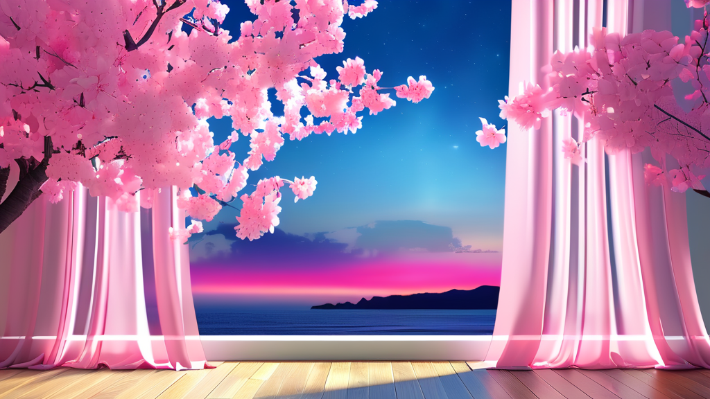 달맞이섬 벚꽃 풍경: 낮과 밤의 아름다움 (realistic 스타일)