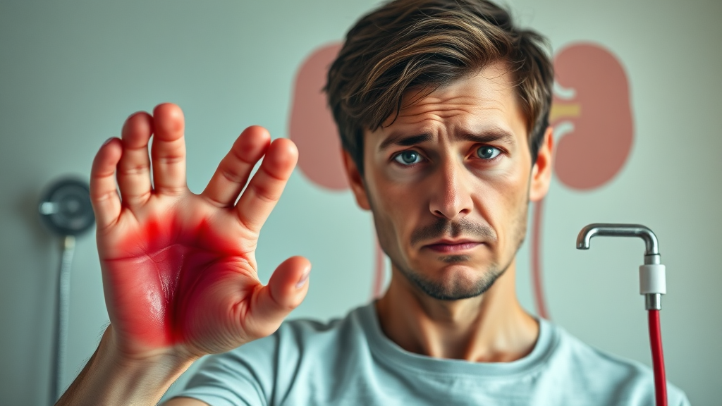 신장 이상 증상: 부종, 소변 변화, 혈압 (realistic 스타일)