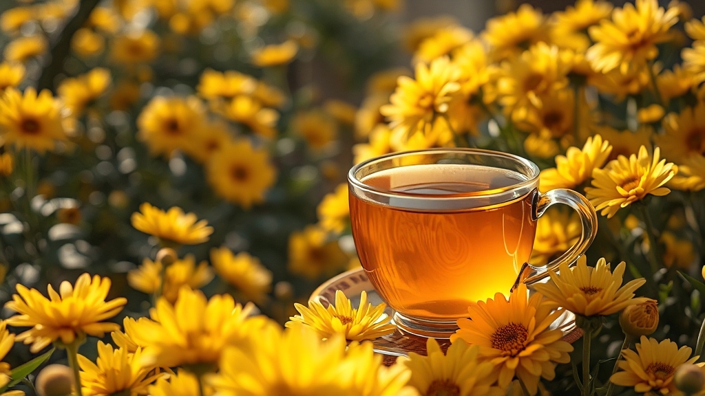 국화차, 치매 예방 외 주요 효능 (realistic 스타일)