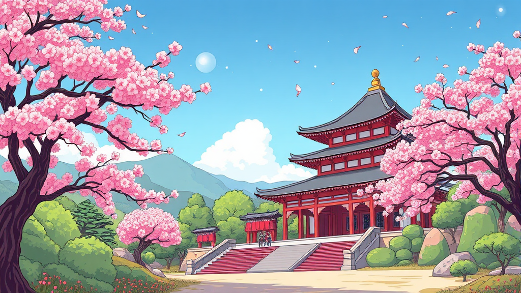 봄의 절정: 개심사의 겹벚꽃과 청벚꽃 만개 (cartoon 스타일)