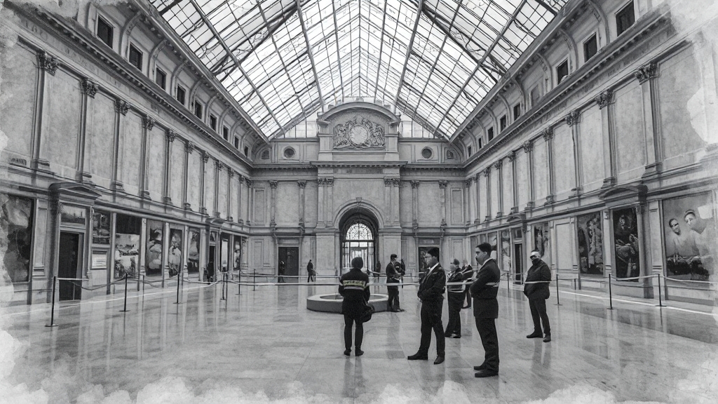 루브르 박물관의 조치: 보안 강화 (watercolor 스타일)