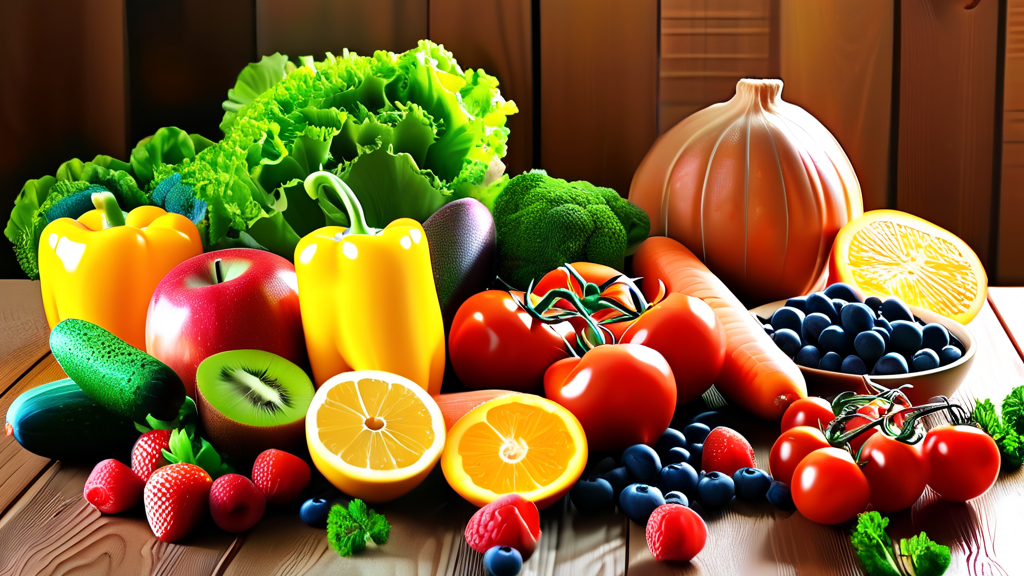 갱년기 증상 완화에 좋은 채소와 과일 (realistic 스타일)