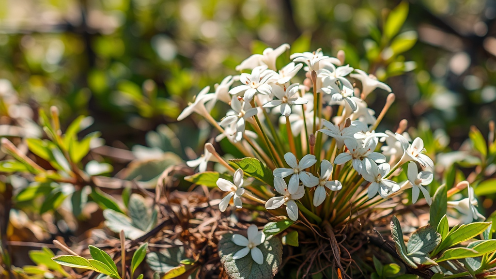삼백초 잎과 줄기를 손에 들고 살펴보는 장면