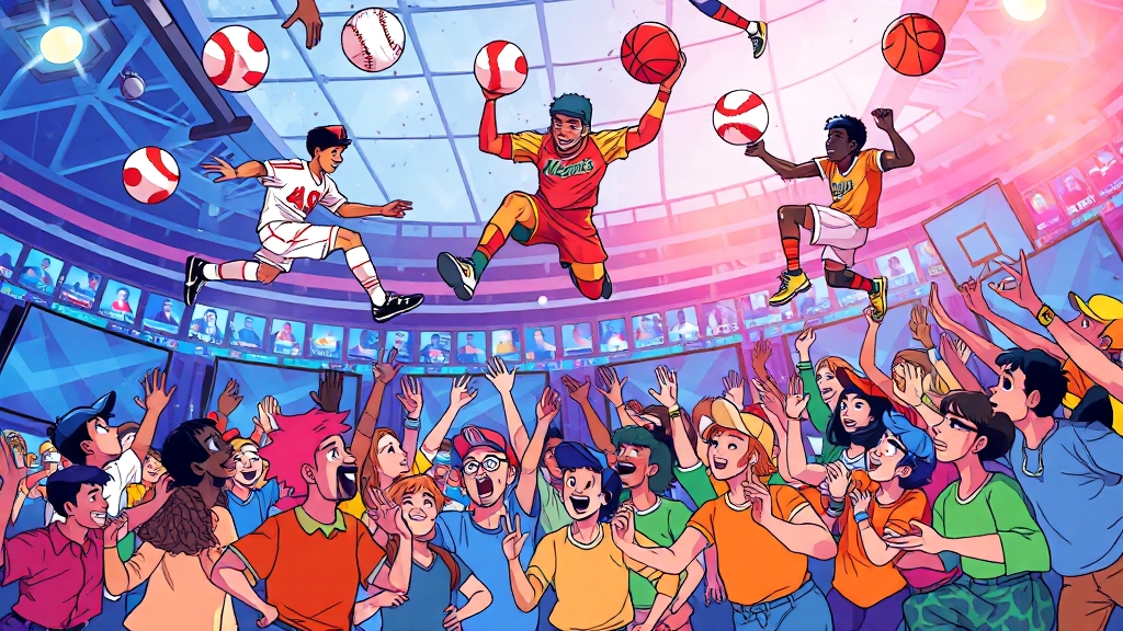 주요 중계 콘텐츠: 야구, 축구, NBA (cartoon 스타일)