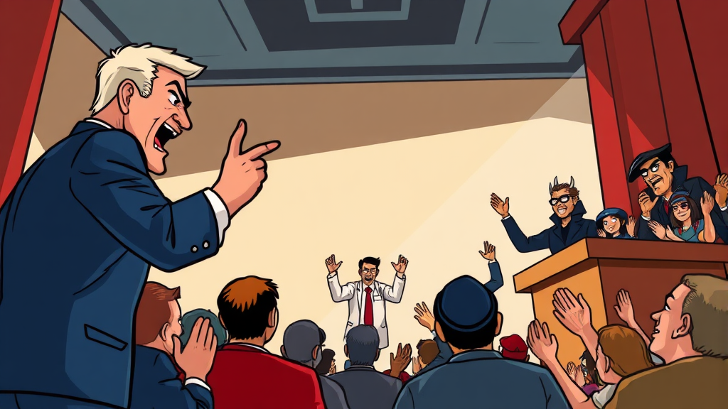 영웅 대 악당 구도: 스트레스 해소와 카타르시스 (cartoon 스타일)