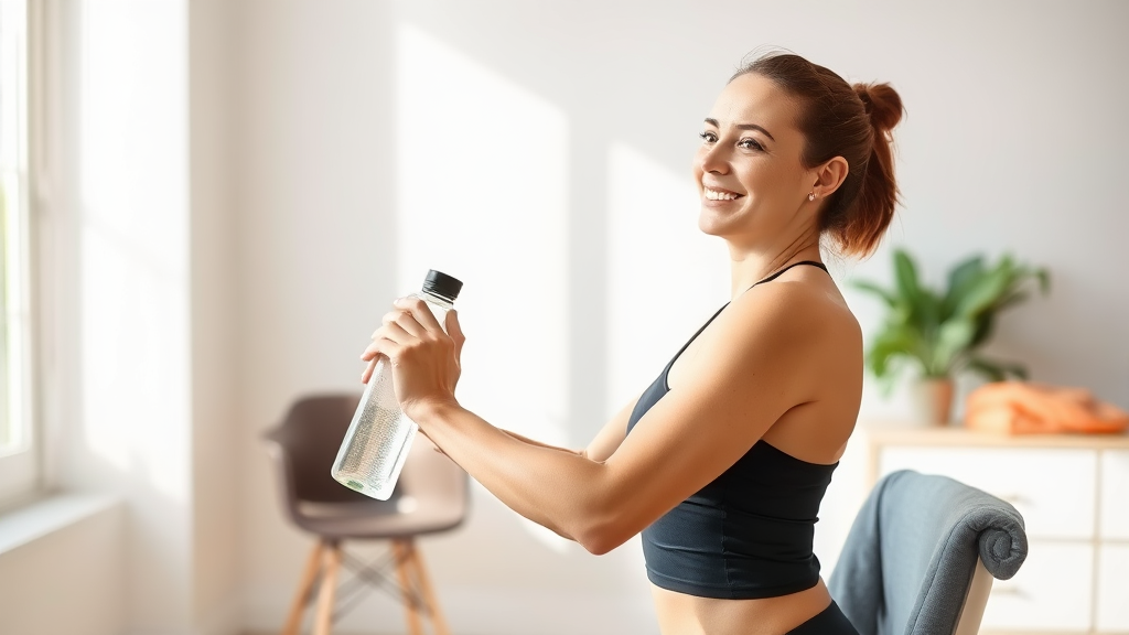 물통, 수건, 의자 활용 전신 운동 (watercolor 스타일)