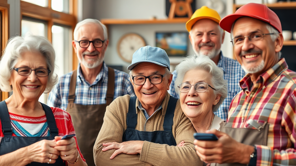 시니어 일자리 유형: 공공형, 사회서비스형 등 (realistic 스타일)