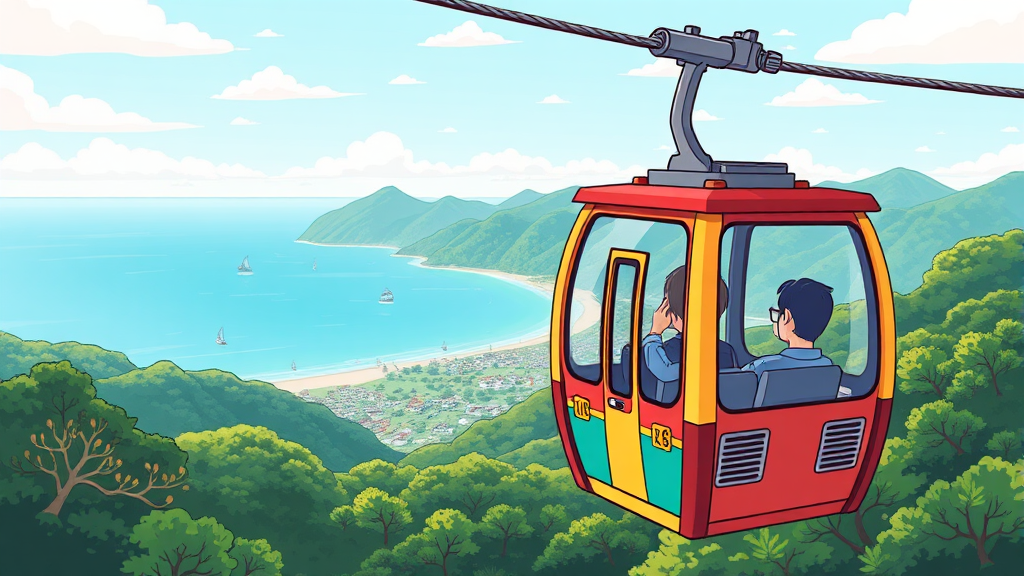 케이블카 코스와 탑승 시 즐길 수 있는 풍경 (cartoon 스타일)