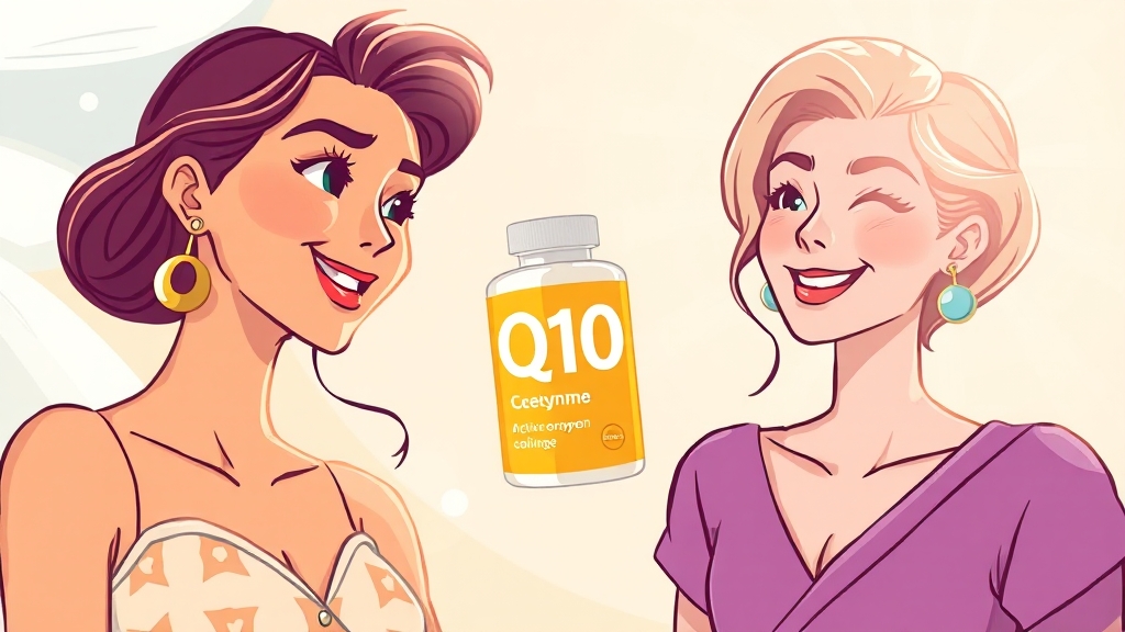 코엔자임 Q10 효능 완벽 정리 (2025 최신) 3 코엔자임 Q10 효능: 건강 & 피부 개선 (cartoon 스타일)