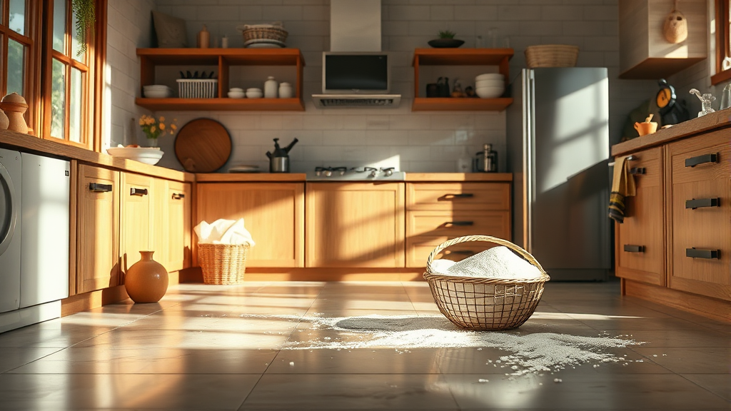 간단한 재료로 주방 바닥 청소, 전문가처럼 하는 팁 (realistic 스타일)