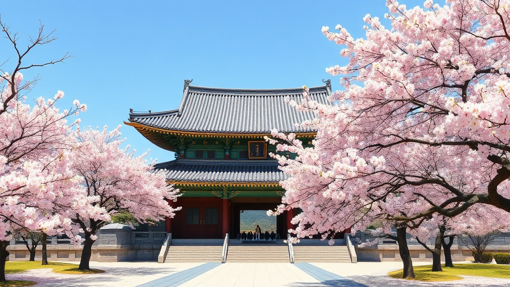 개심사의 봄: 늦게 피는 겹벚꽃과 왕벚꽃의 향연 (realistic 스타일)