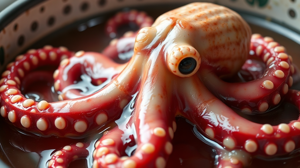 문어 삶기 비법: 질기지 않고 부드럽게 (realistic 스타일)