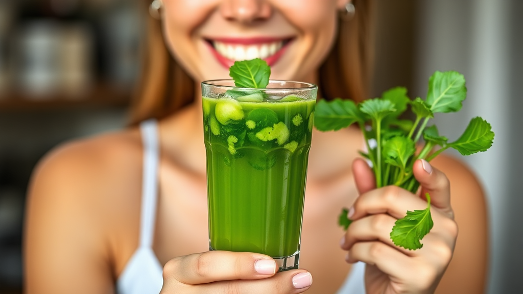 미나리 해독 주스, 꾸준한 실천으로 건강 되찾기 (realistic 스타일)