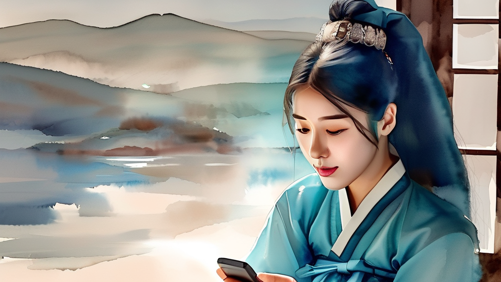 현대 사회와 역사적 인식의 충돌 (watercolor 스타일)