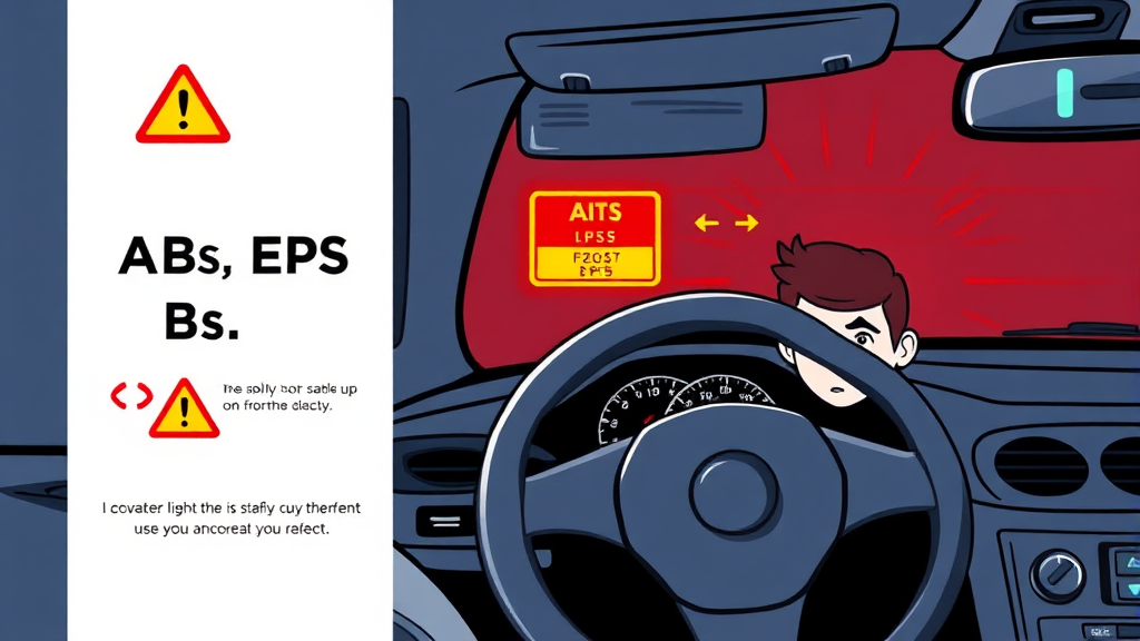 자동차 계기판 경고등 총정리: 색상별 의미와 현명한 대처법 5 브레이크 및 안전 시스템 경고등: ABS, EPS, 통합 경고등 (illustration 스타일)