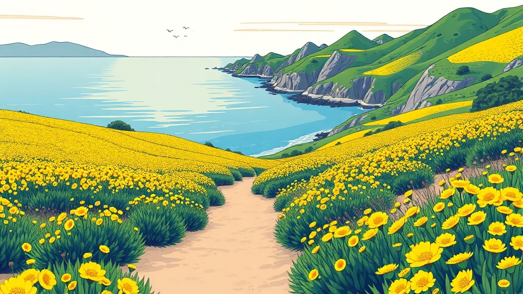 제주 서쪽: 산방산 유채꽃밭과 한담해안 산책로 (illustration 스타일)