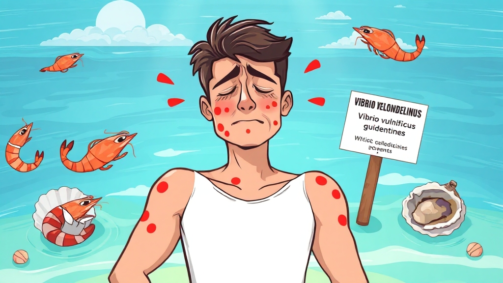 비브리오 패혈증, 증상과 예방 (cartoon 스타일)