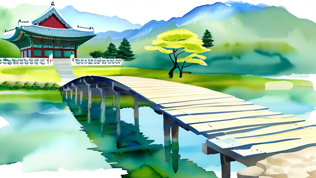 경북 영주: 무섬마을 외나무다리와 부석사의 고즈넉함 (watercolor 스타일)