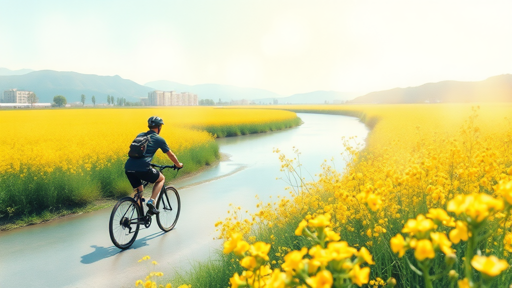 영산강 유채꽃밭 즐기기: 자전거부터 주변 명소까지 (watercolor 스타일)