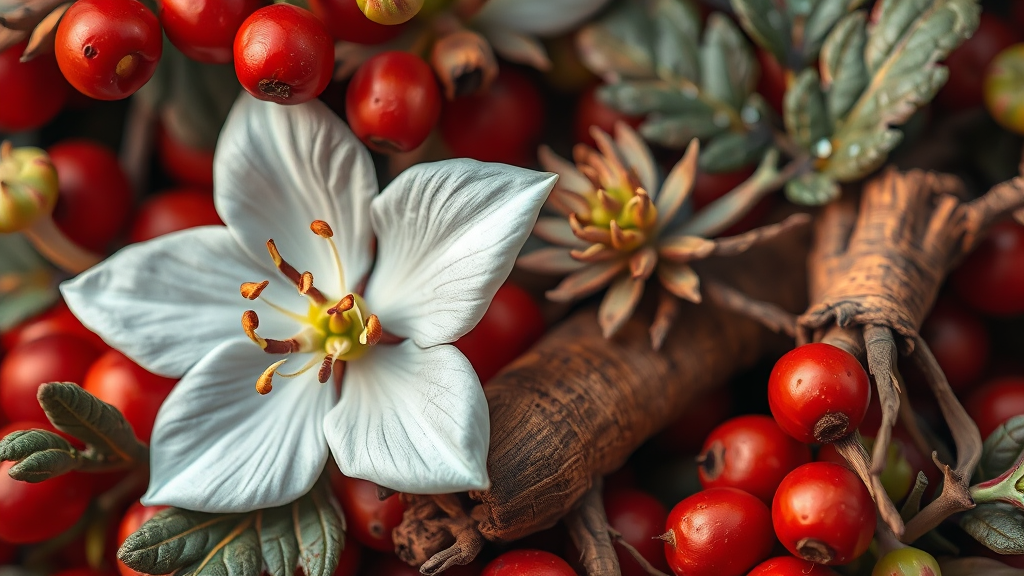 면역력 강화 식품: 구기자, 도라지, 하늘마 (realistic 스타일)