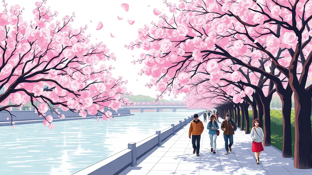 축제 즐기기: 윤중로 벚꽃길 상세 정보와 추천 산책 코스 (illustration 스타일)