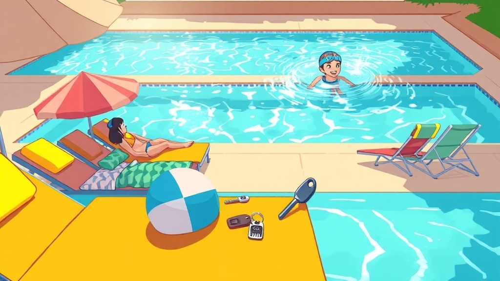 호텔 수영장 이용 시 주의사항 및 팁 (cartoon 스타일)