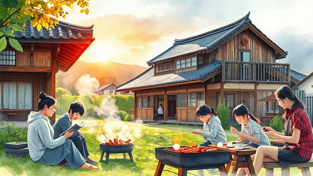 한옥 농장 체험 숙소 소개 (watercolor 스타일)