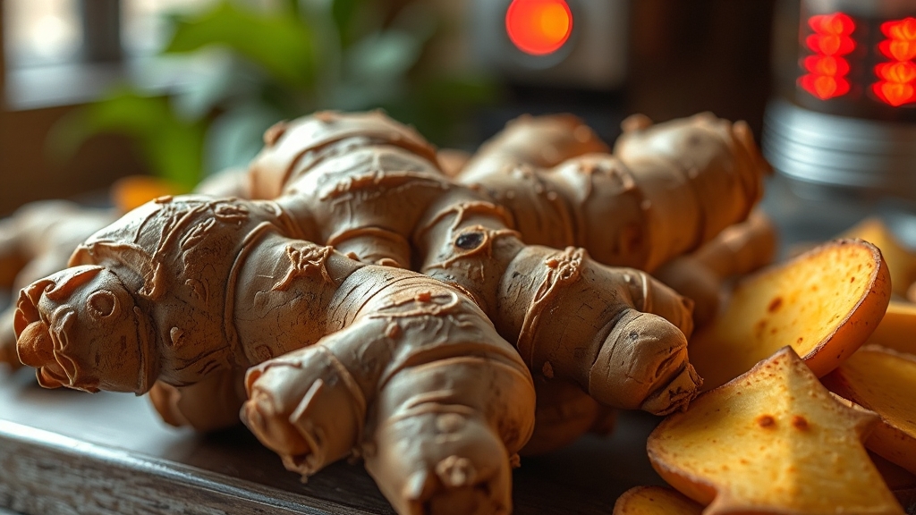 생강 섭취 시 주의사항 (realistic 스타일)