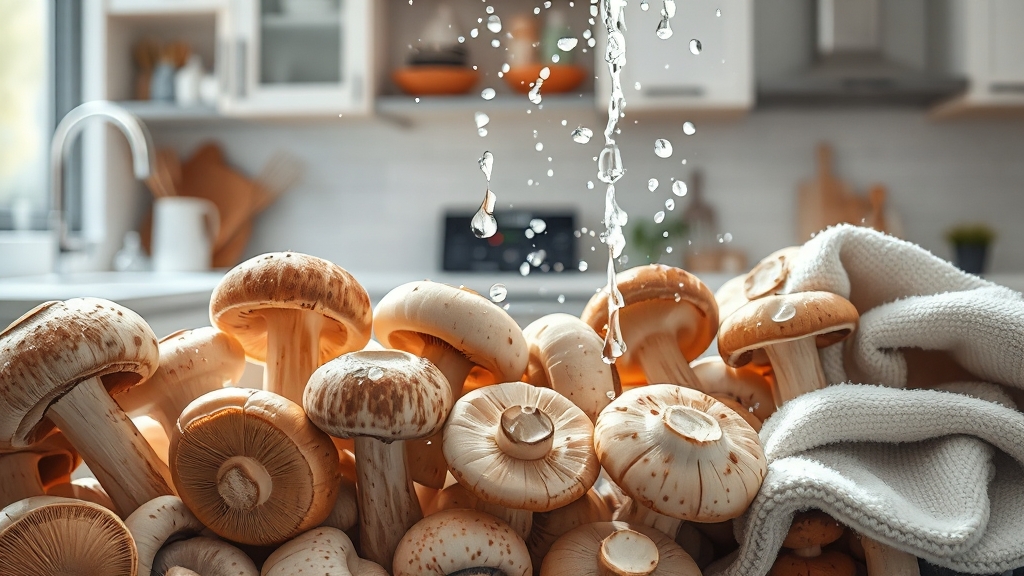 버섯 세척 및 손질 시 주의사항 (realistic 스타일)