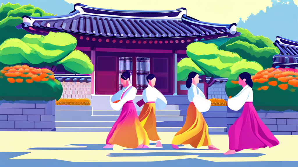 한국민속촌: 전통과 청춘이 공존하는 용인의 첫걸음 (illustration 스타일)