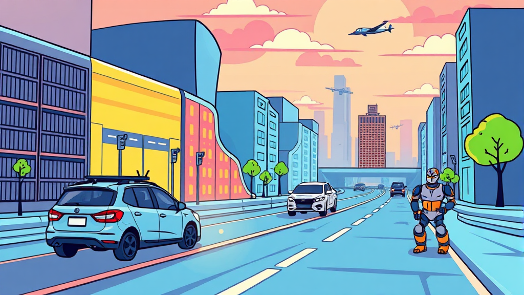 자율주행, 로보틱스, 데이터센터: AI의 확장된 영역 (cartoon 스타일)