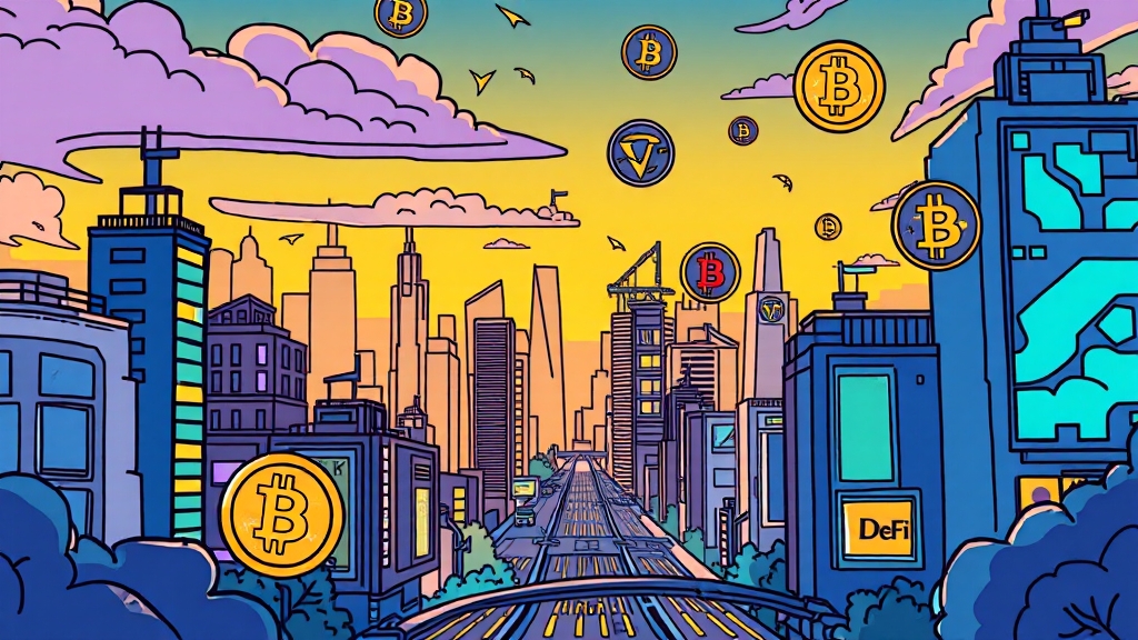 디지털 자산 트렌드: 비트코인, NFT, DeFi (cartoon 스타일)