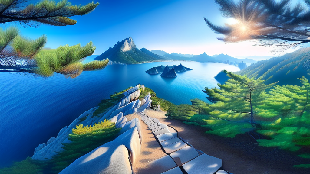 대방산 등산 코스: 남해 풍경과 함께하는 트레킹 (realistic 스타일)