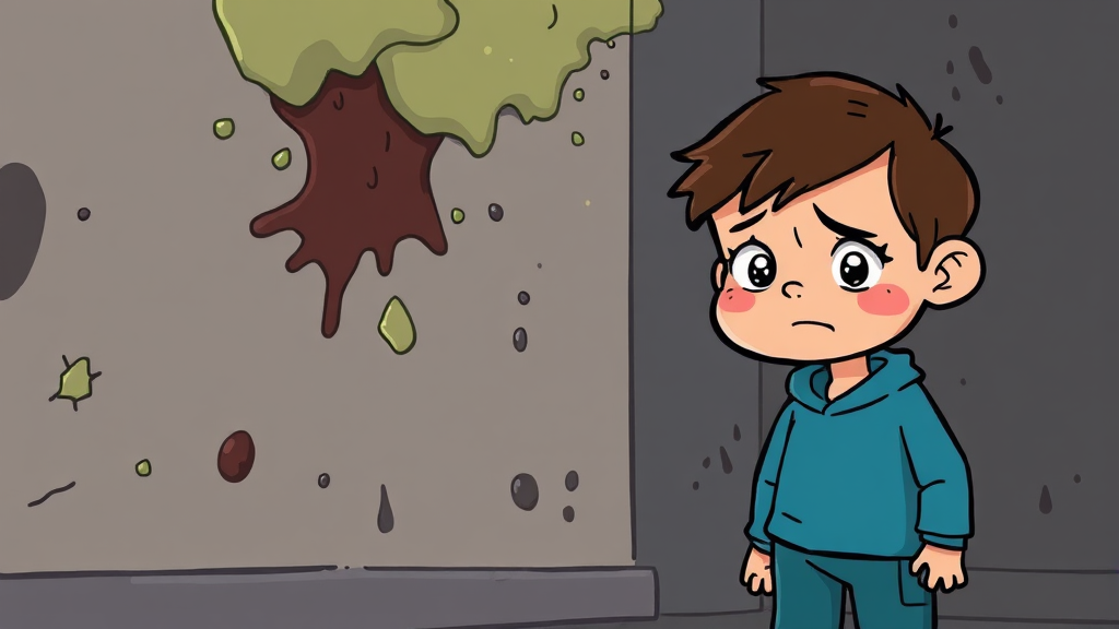 결로 방치 시 문제점: 곰팡이와 건강 (cartoon 스타일)