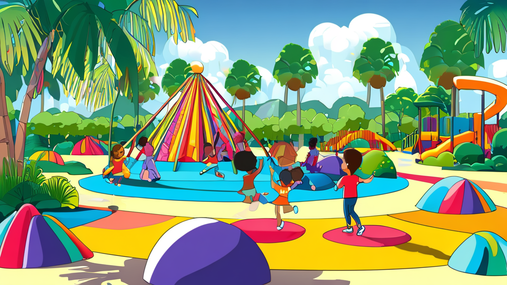 1층 시설: 신나는 음악과 함께하는 활동 공간 (cartoon 스타일)