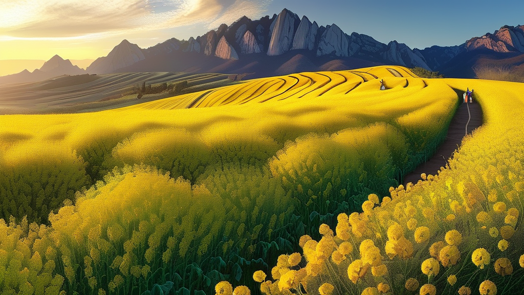 황홀한 노란 물결: 산방산 유채꽃 풍경 (realistic 스타일)