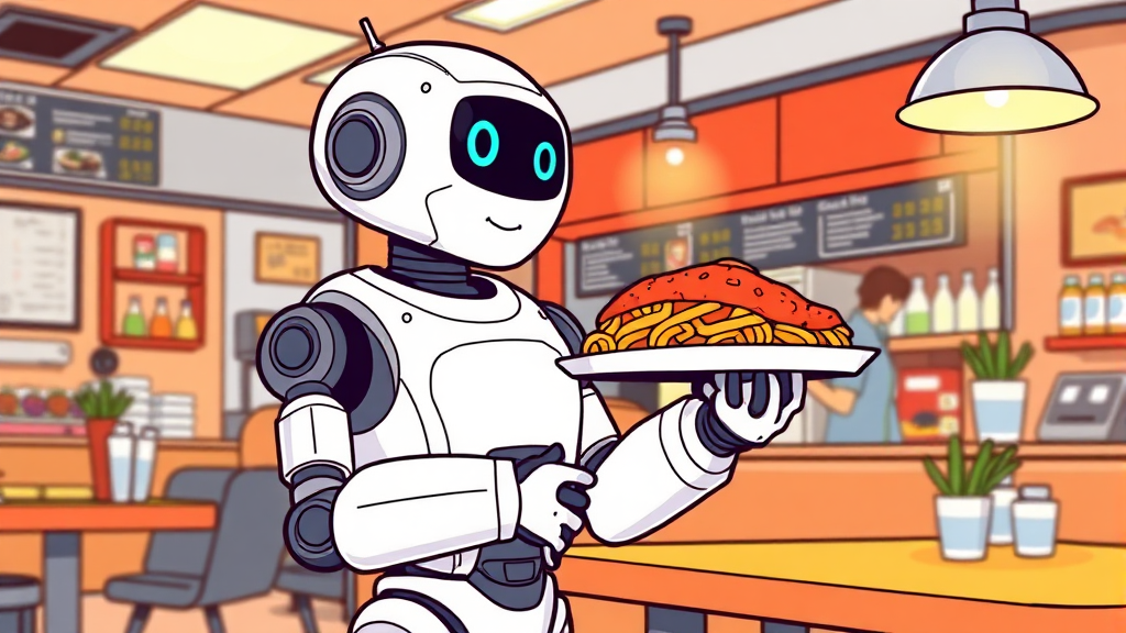 서빙 로봇 도입 효과, 고객 경험 향상과 운영 효율성 개선 (cartoon 스타일)