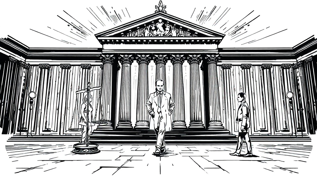 기소: 법정으로 향하는 문 (illustration 스타일)