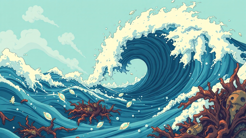 대지진, 해양 환경에 즉각적 영향 (cartoon 스타일)