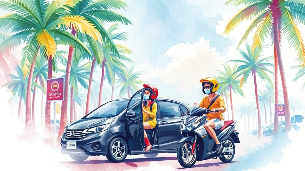 다낭 교통 정보: 택시, Grab, 오토바이 (watercolor 스타일)