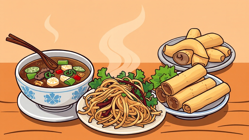 미식당 메뉴 소개: 쌀국수, 팟타이, 사이드 (cartoon 스타일)