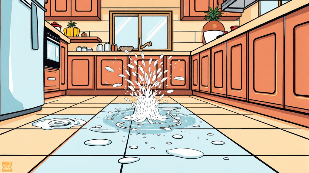 쌀뜨물의 숨겨진 세정력, 주방 바닥 청소에 활용하기 (cartoon 스타일)