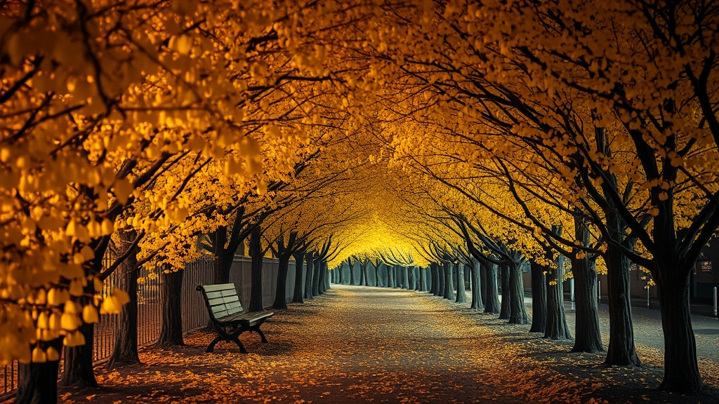 은행나무길 풍경 특징 (realistic 스타일)
