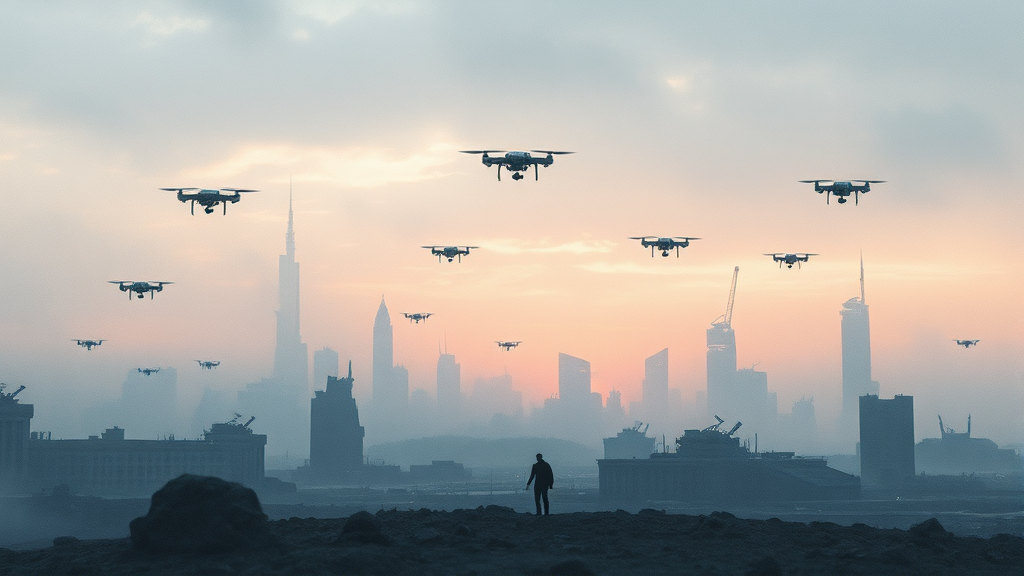 AI 전쟁 소설: 미래 사회 상상 (watercolor 스타일)